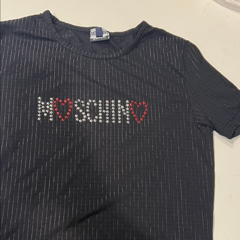 Moschino Black Tee with Red and White Heart Design